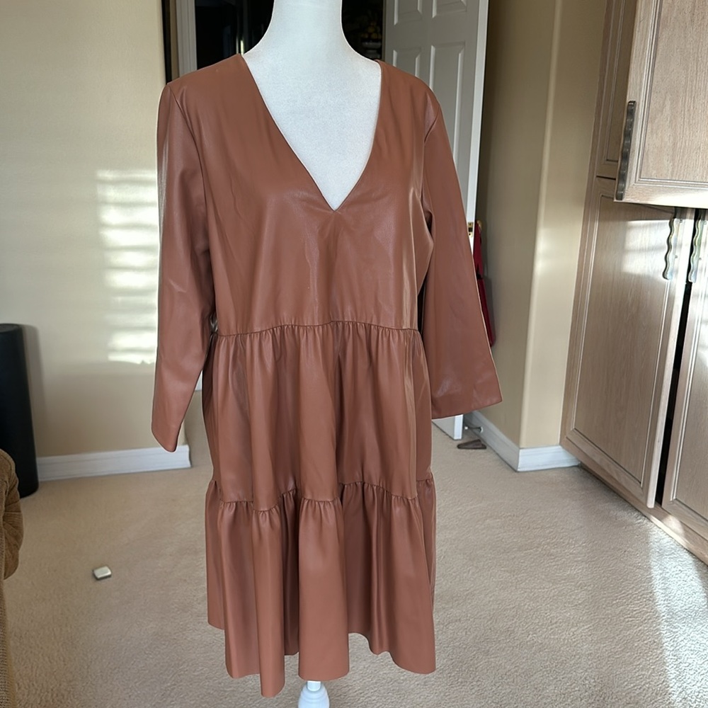 SALE - Zara Tan Pleather Mini Dress with Quarter Sleeves - Picture 3 of 6